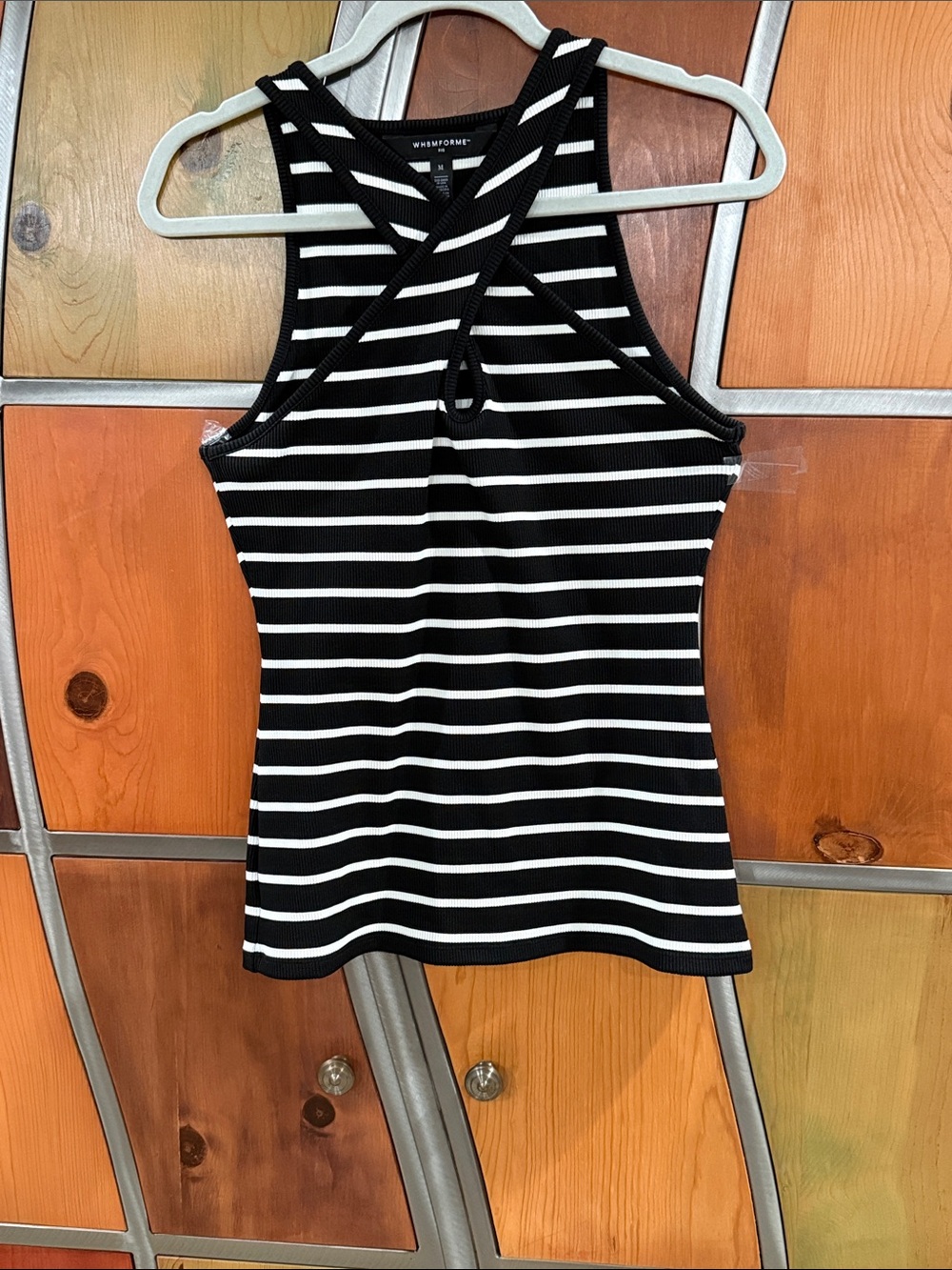 White House Black Market Black & White Striped Front Crisscross Tank